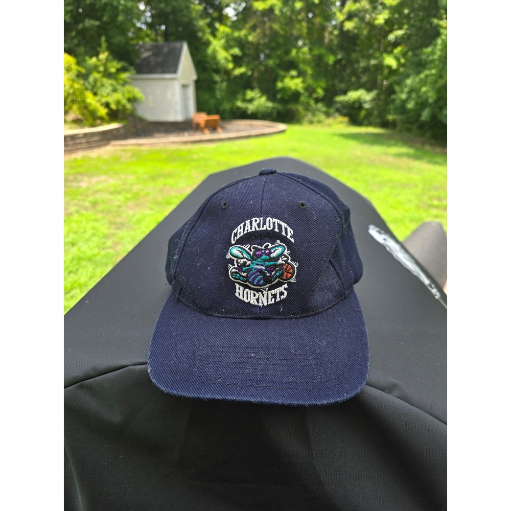 Vintage Charlotte Hornets NBA Hat Navy Blue Adjustable Strapback Hugo Logo Cap